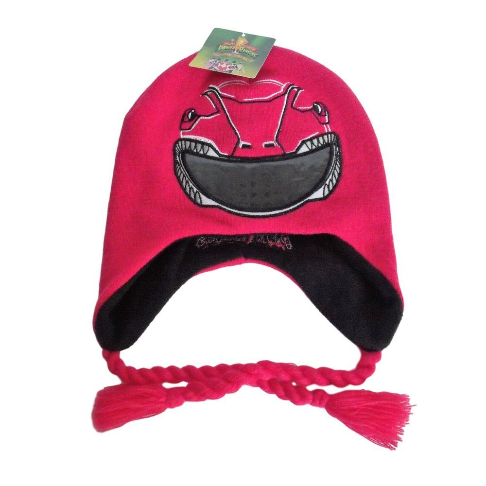 Power Rangers Red Ranger Big Boys Knit Beanie Laplander Winter Warm Hat Ties NWT